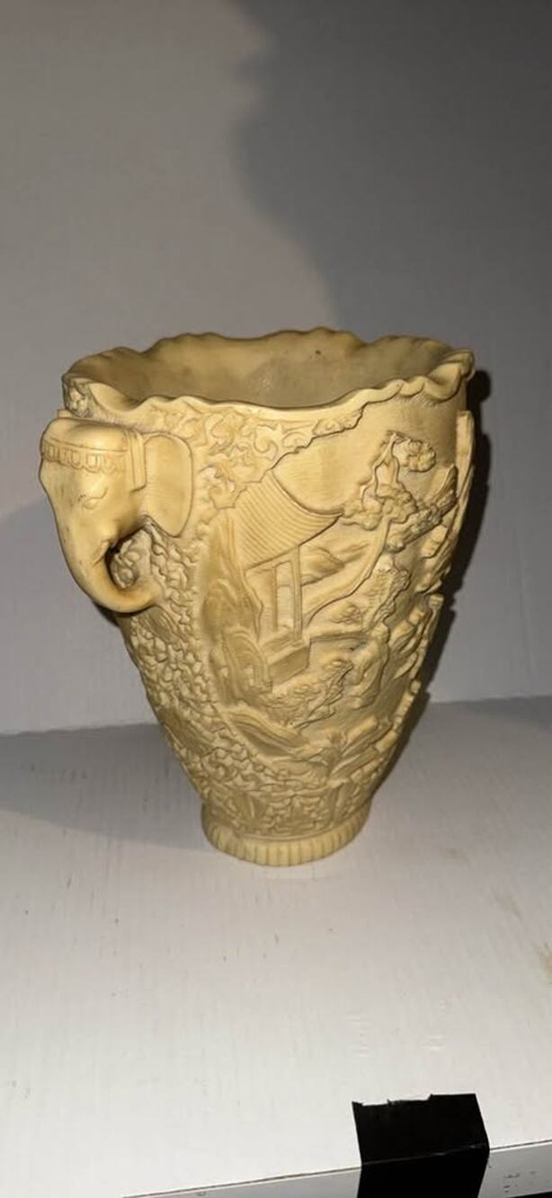 Chinese White Lacquer Asian Scenes Vase With Elephant Handles RARE